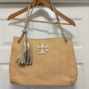Tory Burch Thea Straw Tote With Chain And Metallic Leather Shoulder Strap Tassle